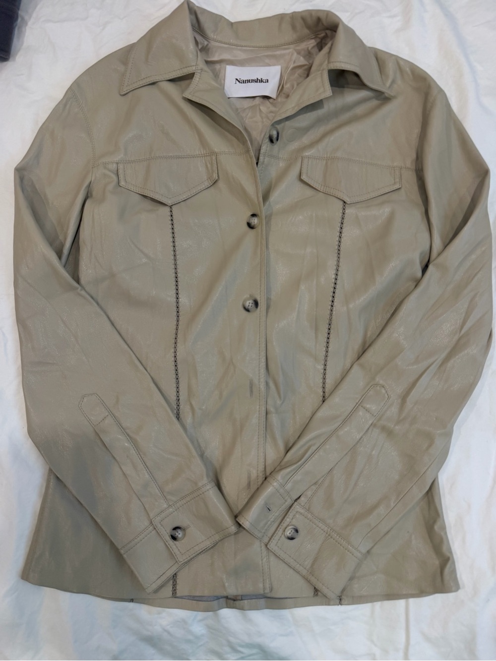 Nanushka Faux Leather Button Down Shirt Jacket Beige Taupe M Made Italy